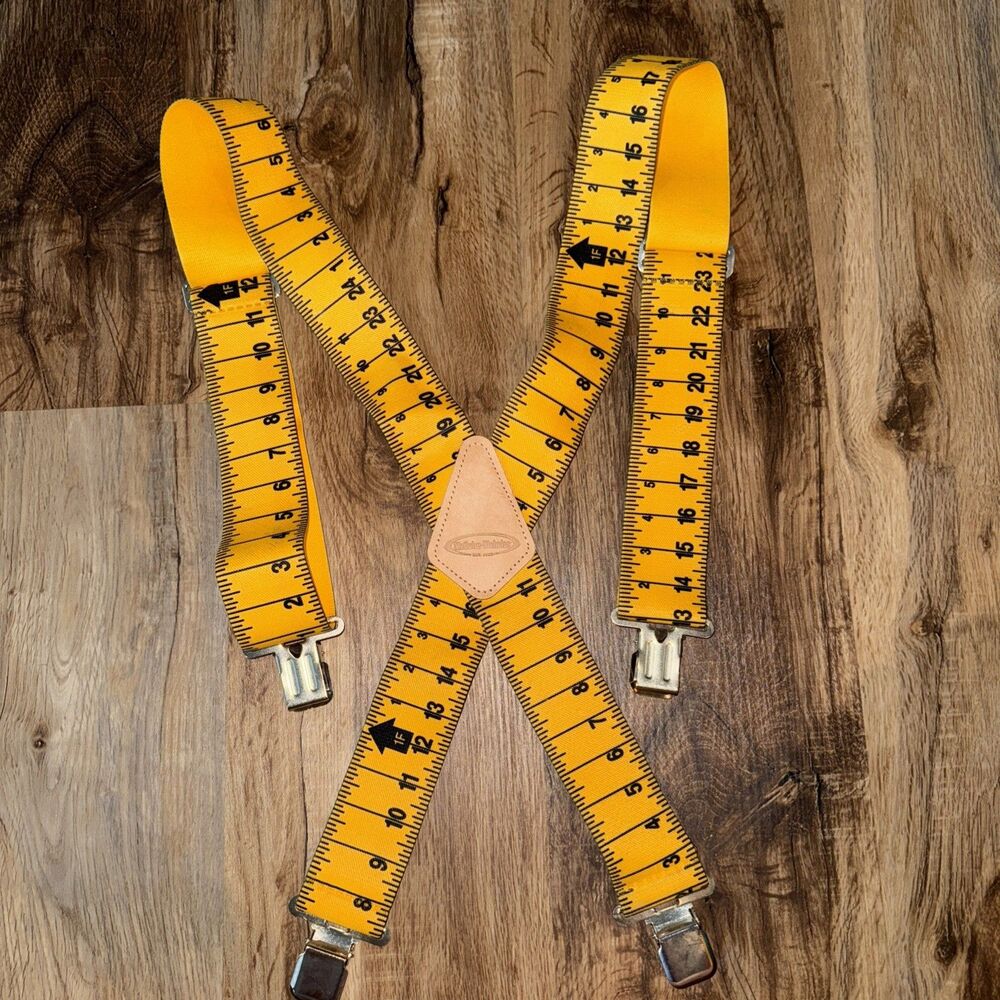 Vintage McGuire Nicholas Yellow Suspenders Ruler Measuring Tape Adjustable Adult